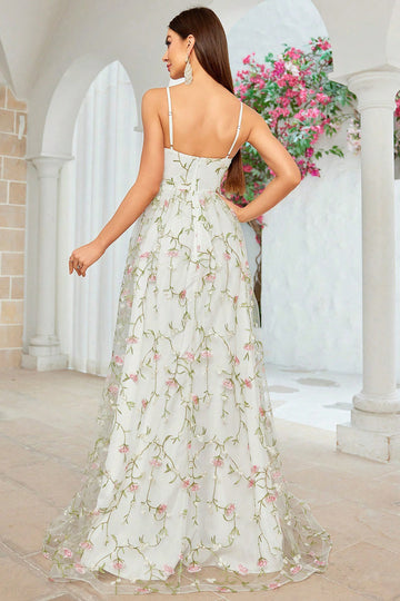 Une ligne fleur ivoire spaghetti bretelles broderie robe de mariée longue